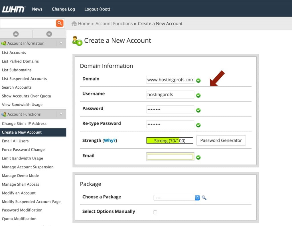Knownhost - create new Cpanel Account