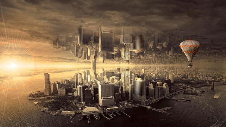 city reflected above itself