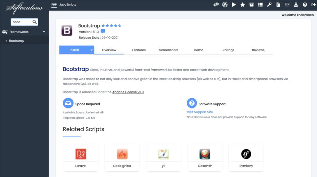 install bootstrap using softaculous apps installer