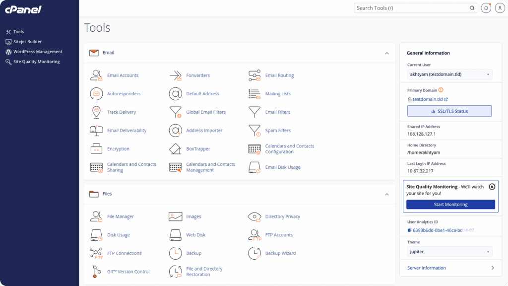 cPanel dashboard