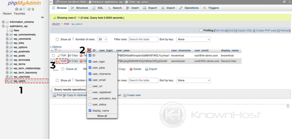 select database click on edit to reset the wp profile password
