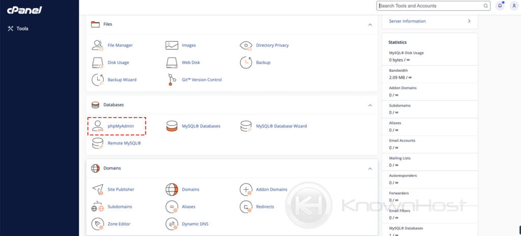 navigate to phpmyadmin cpanel jupitor