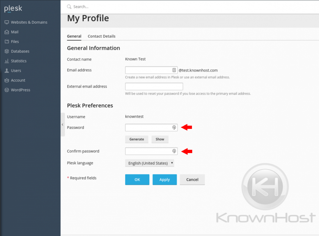 WordPress account plesk profile
