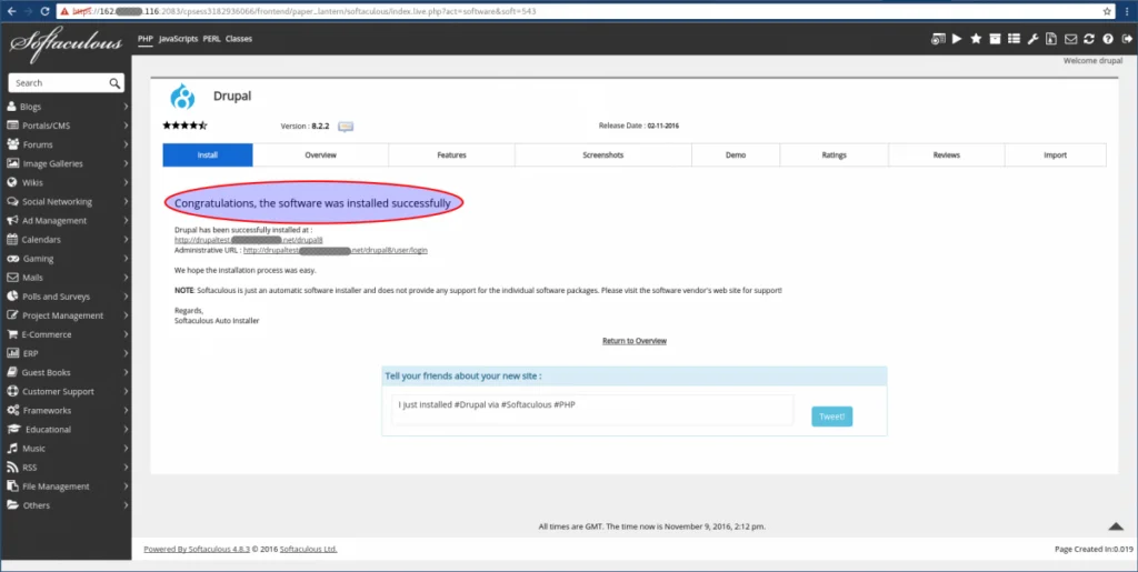 Softaculous drupal download