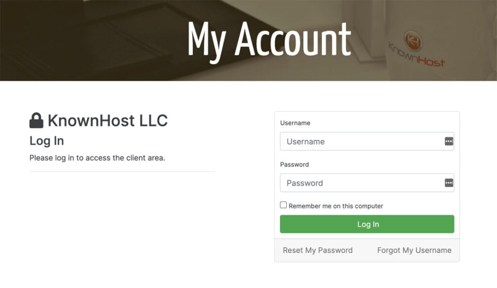login screen knownhost client area