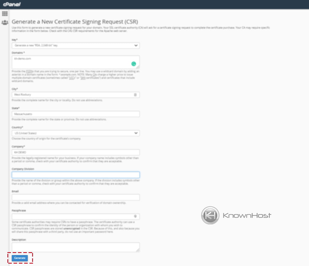How to generate CSR's for SSL in cPanel? - KnownHost