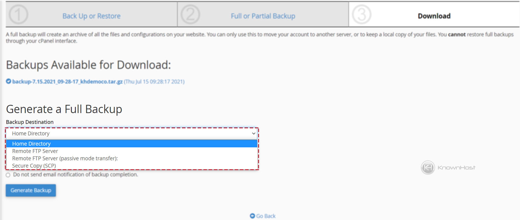 How to Take Full Backup using Backup Wizard in cPanel? - KnownHost
