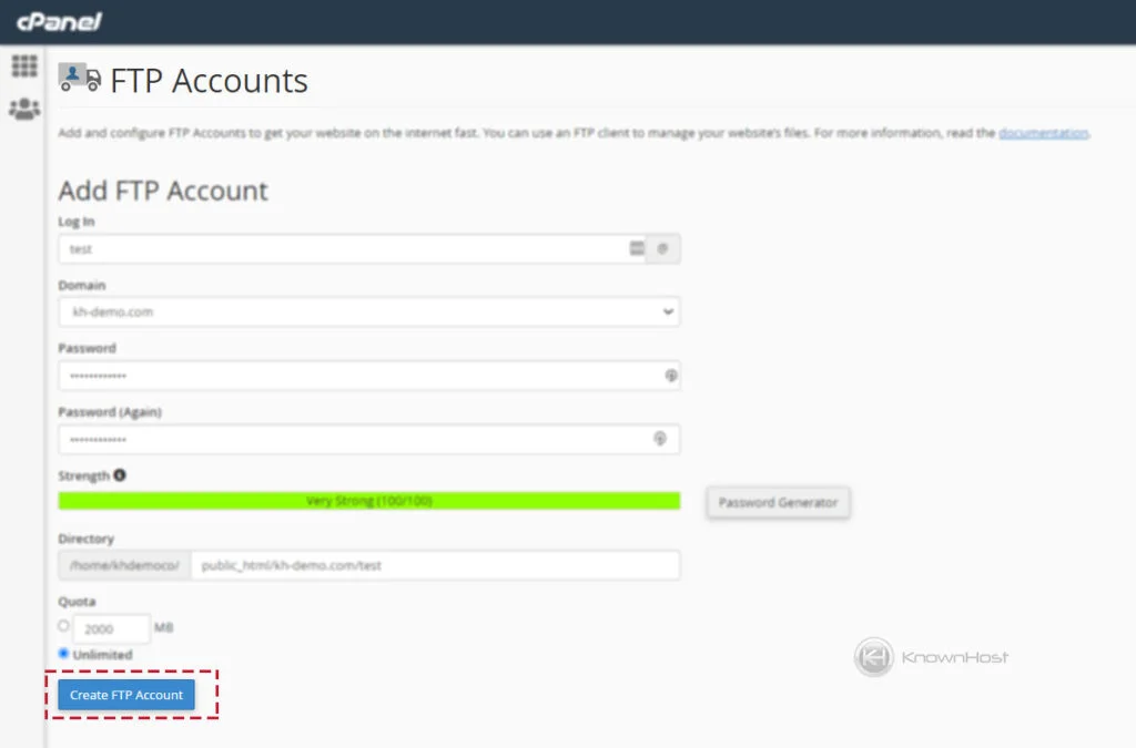 Create FTP account