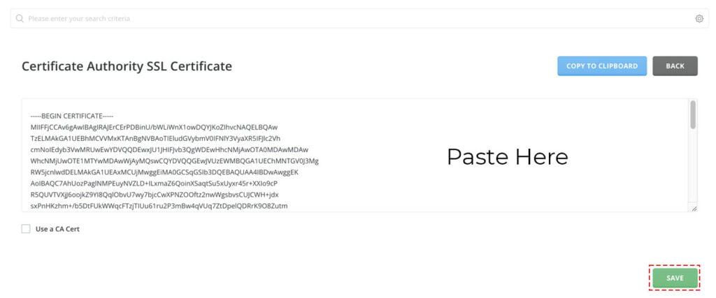 paste the ca root ssl certificate