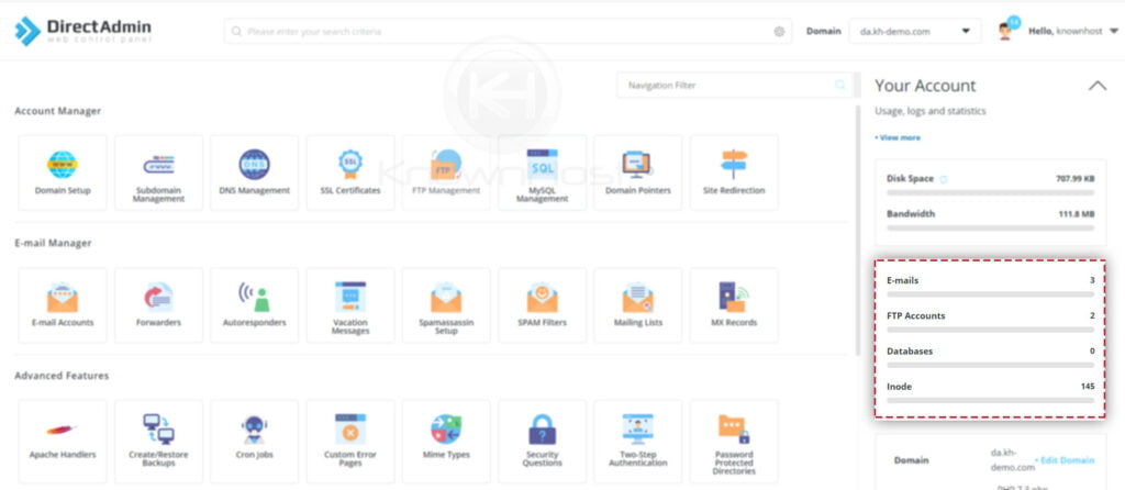 Email-database-ftp-usage-details-directadmin