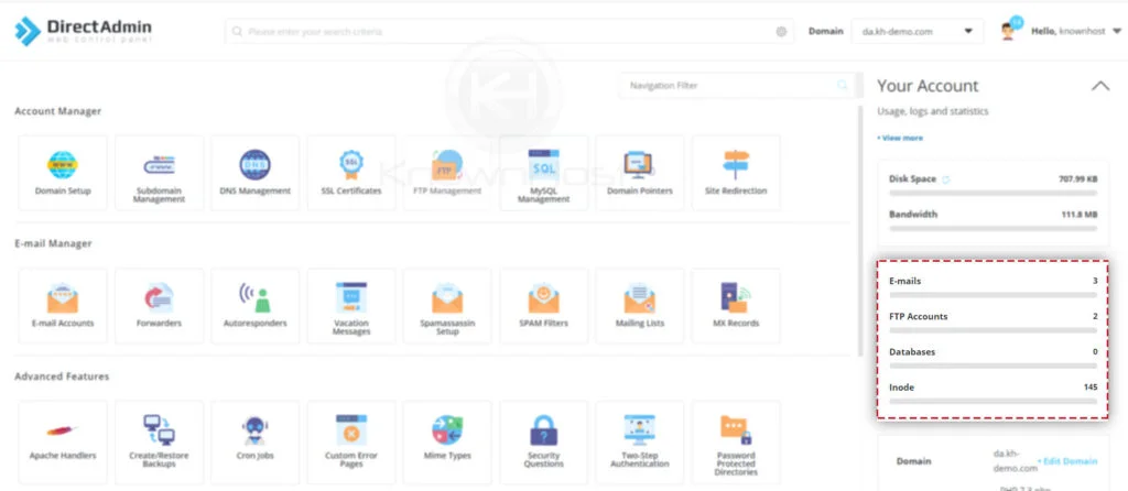 Email-database-ftp-usage-details-directadmin