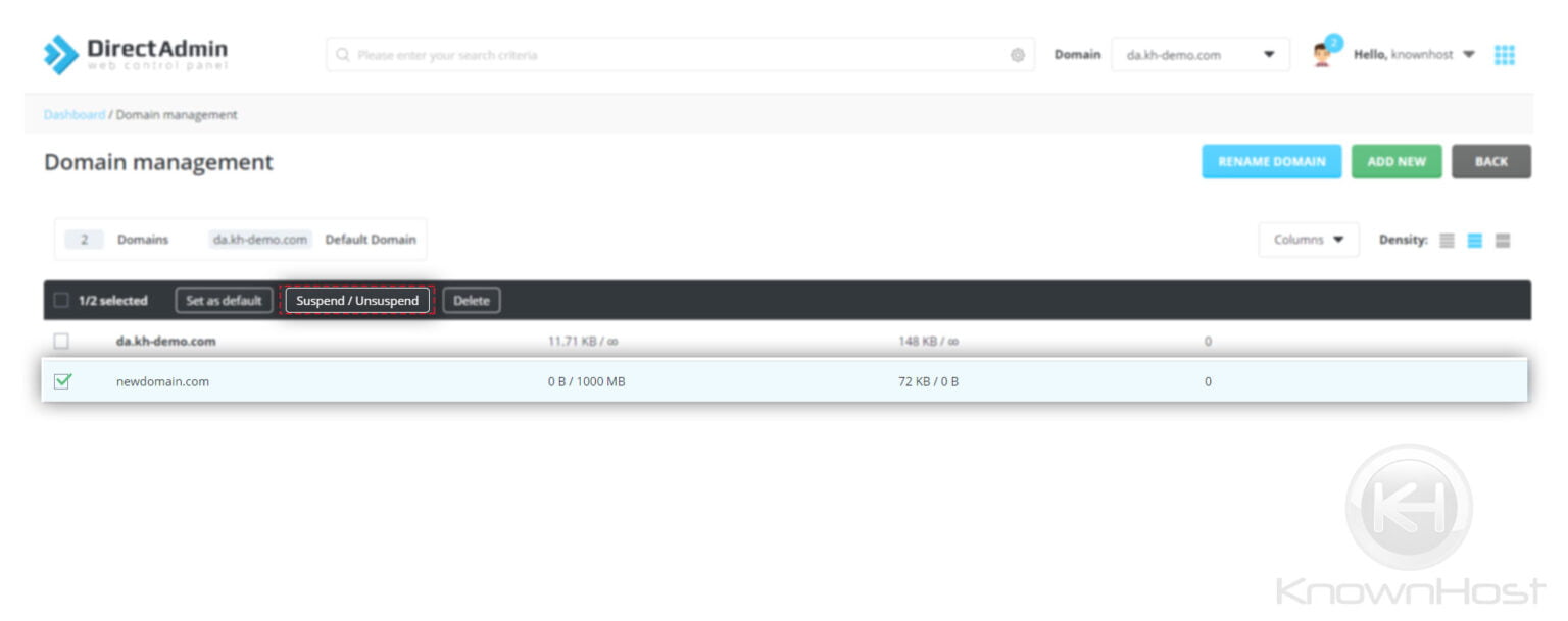 How to Suspend/Unsuspend domains in DirectAdmin? KnownHost