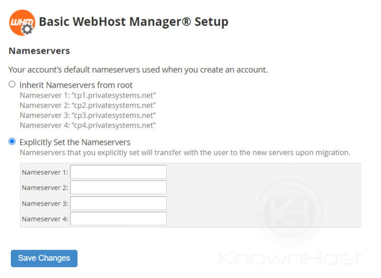 How to configure custom name servers in WHM? KnownHost