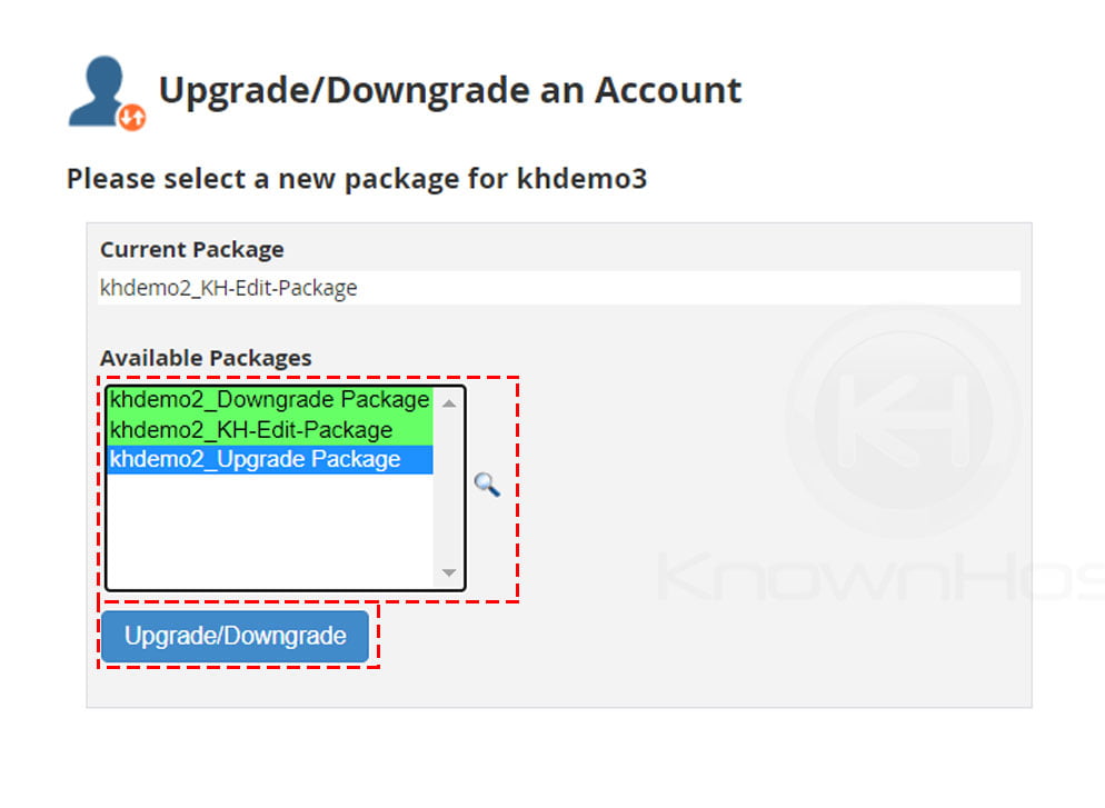 select-the-cpanel-package-to-upgrade-downgrade-whm