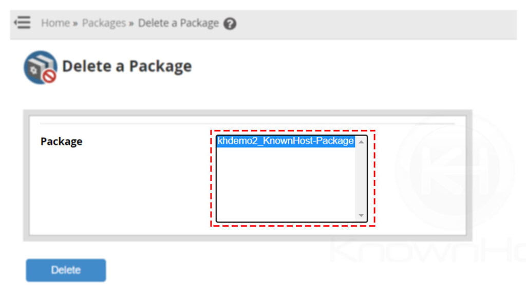 select-the-package-to-delete-in-from-whm