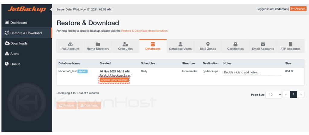 choose other database backup jetbackup