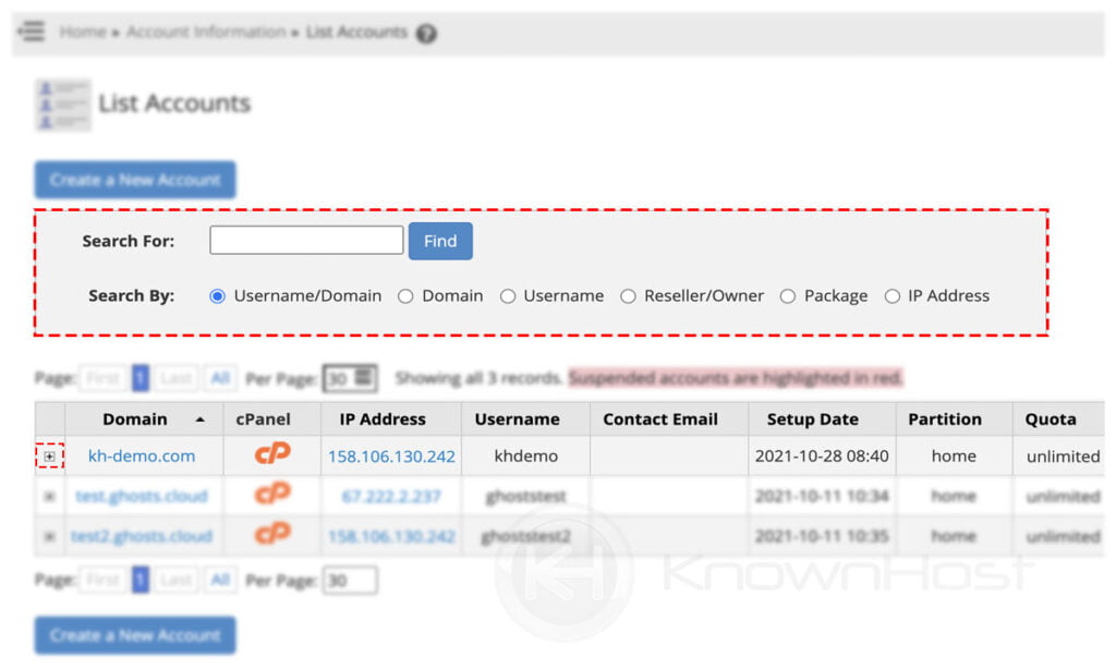 expand available option of cpanel account whm