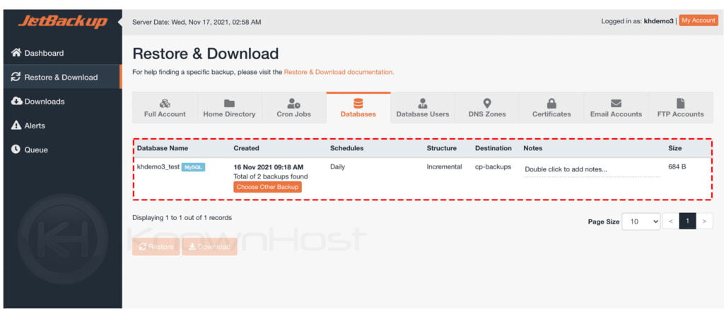 list of databases for the restore jetbackup