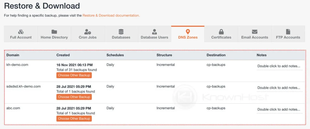 list of dns zones backups jetbackups