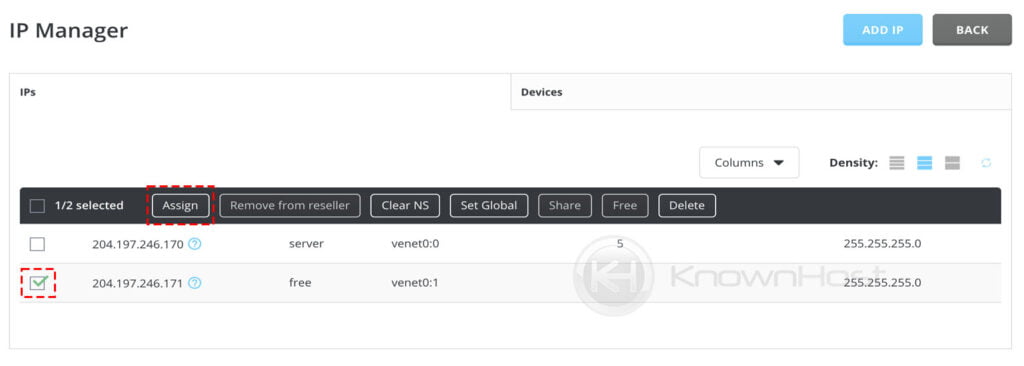 select the IP address and click on assign directadmin