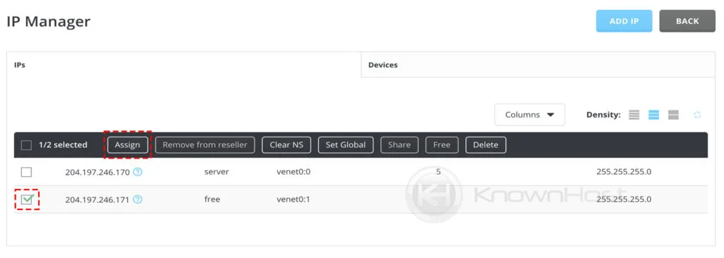select the IP address and click on assign directadmin