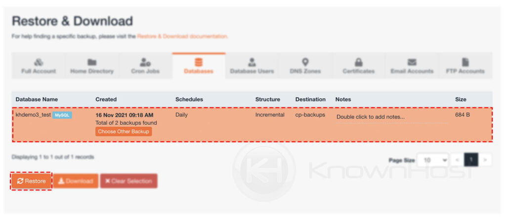 select the database backup click on restore jetbackup 5