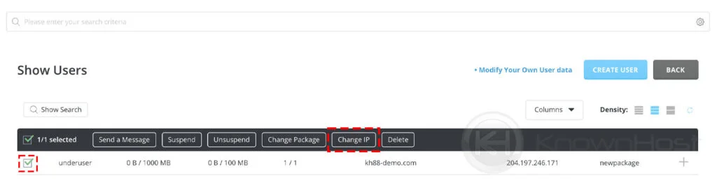 select user directadmin select change ip revoke
