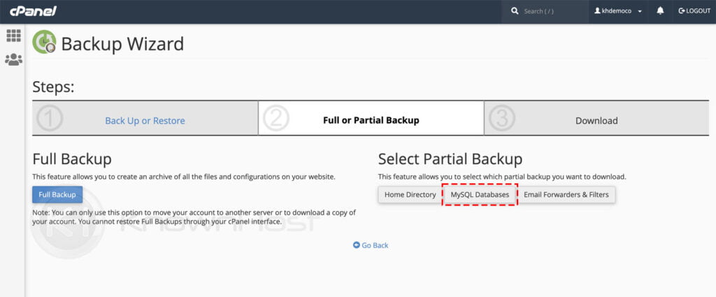 click on mysql databases to download backup