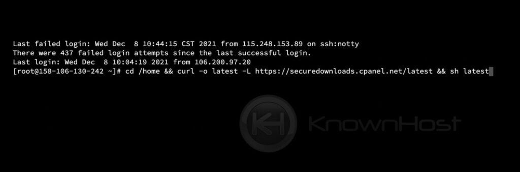 enter cpanel installation command