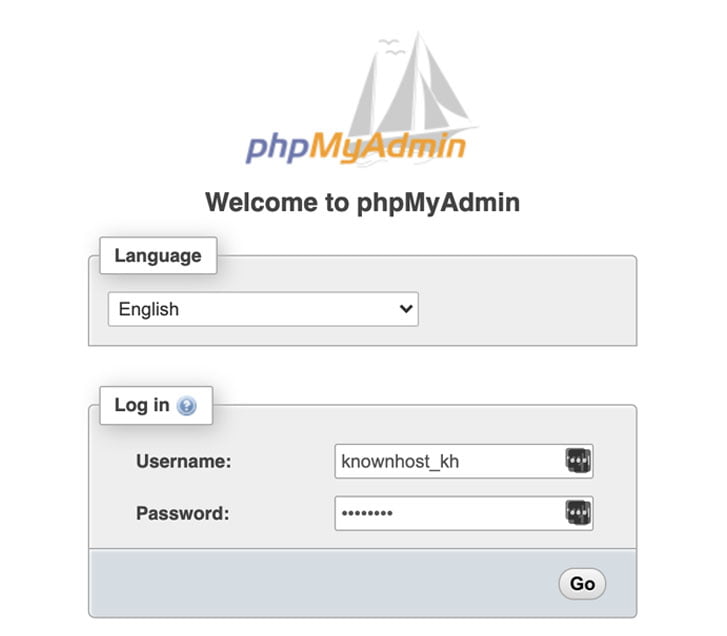 enter the username and password of database phpmyadmin
