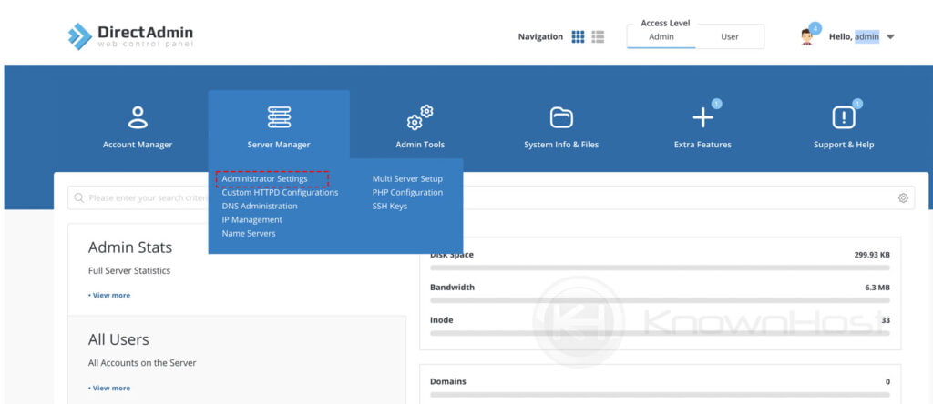 navigate to administrator settings directadmin