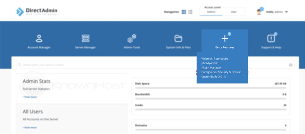 navigate to configserver firewall and security directadmin