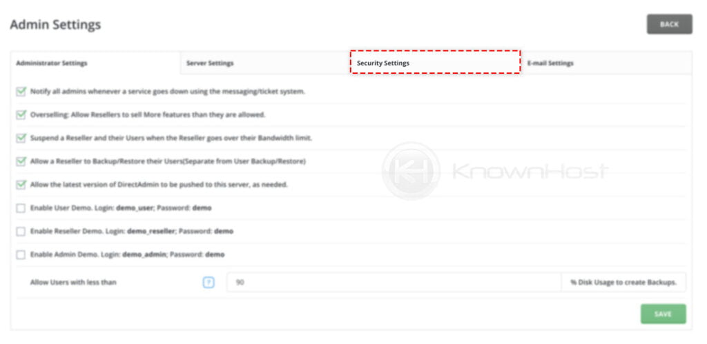 navigate to security settings directadmin