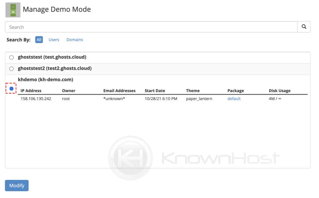 select cpanel account for demo mode