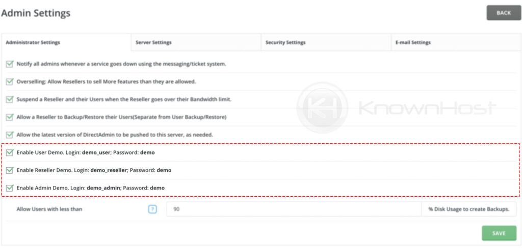 select demo modes to enable