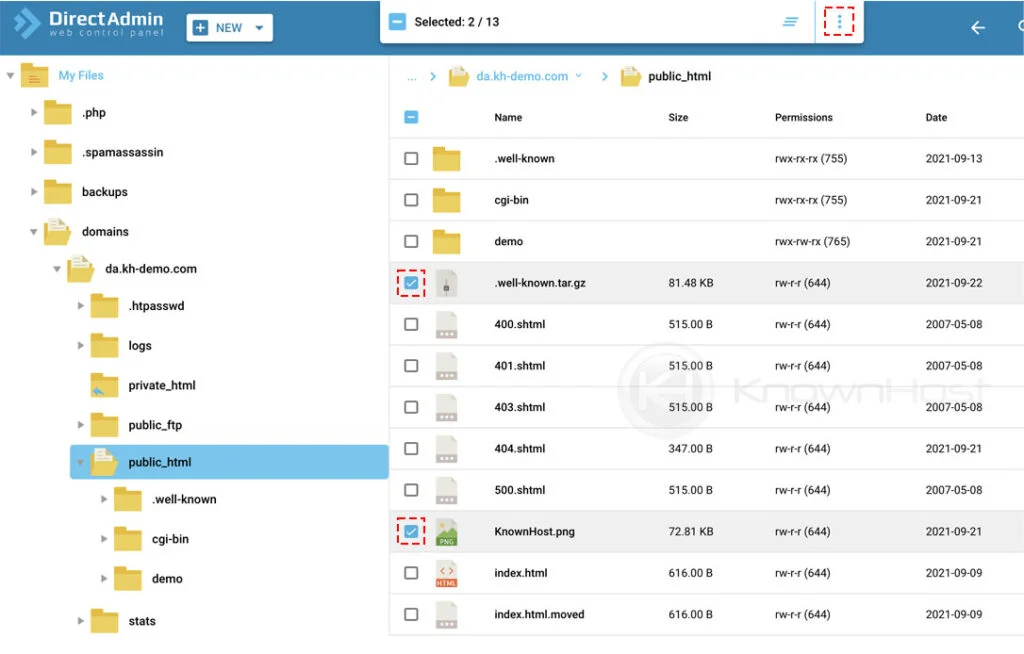select files from file manger directadmin