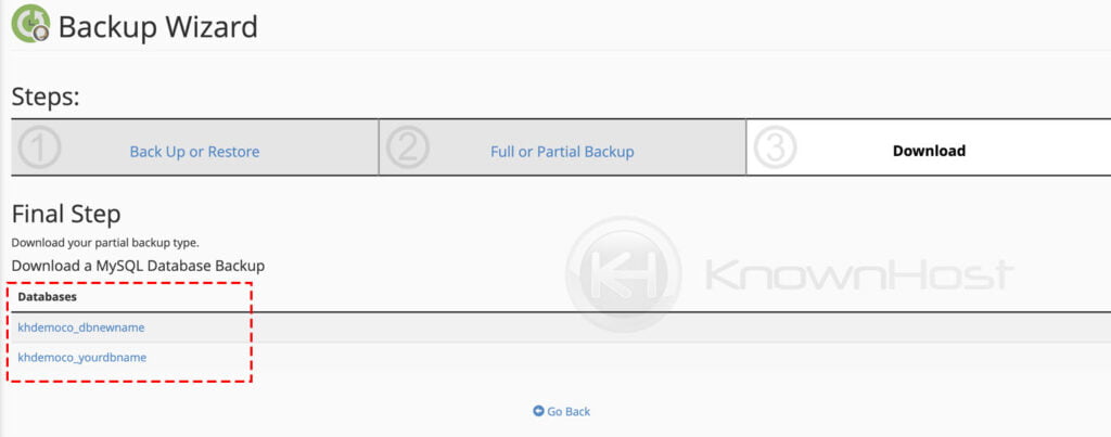 select mysql datbase to download cpanel
