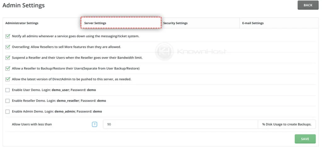 navigate server settings directadmin