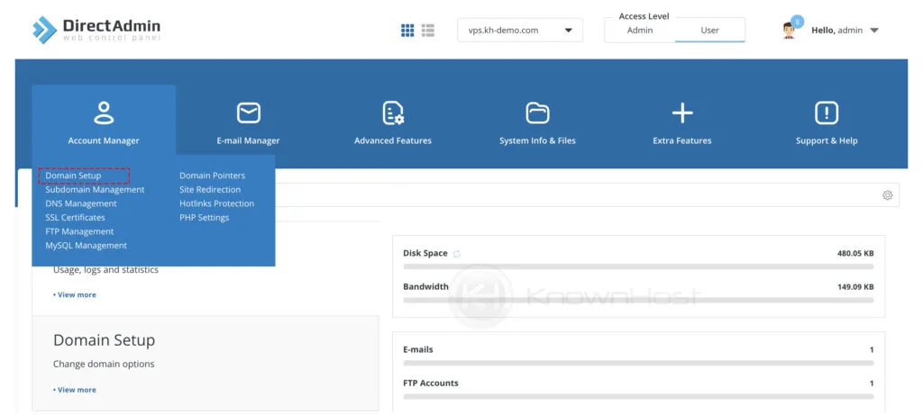 navigate to domainsetup directadmin user