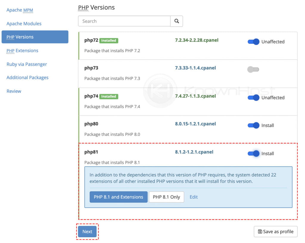 navigate to easy apache php version and select php version copy