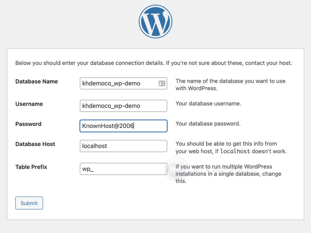 wordpress database details installation
