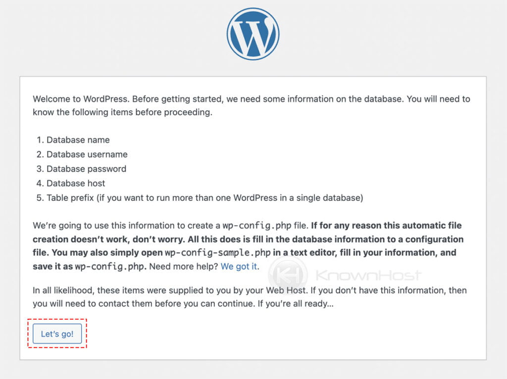 wordpress installation welcome screen