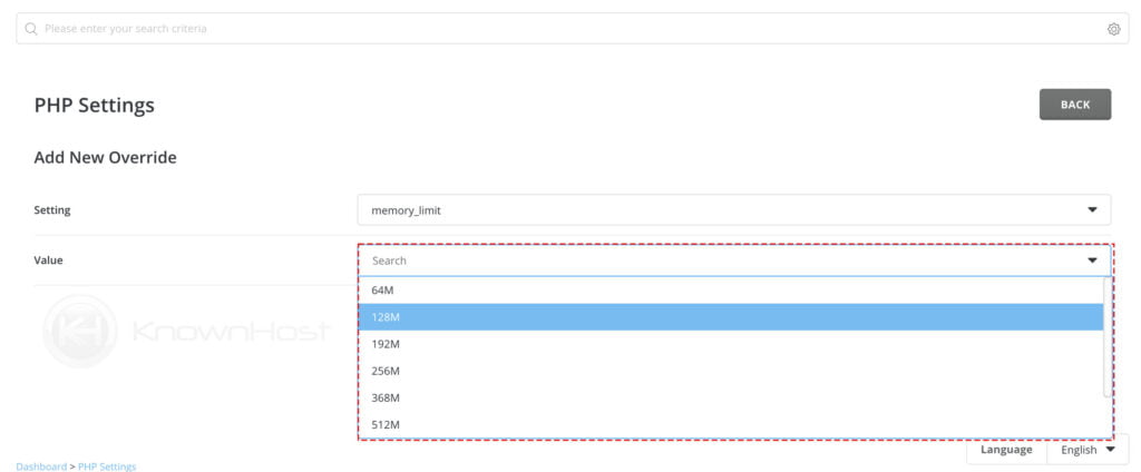 enter the php settings values directadmin