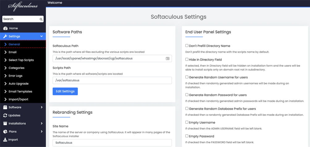 general settings softaculous