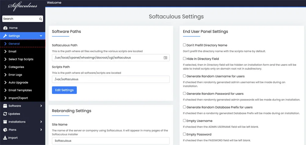 general settings softaculous