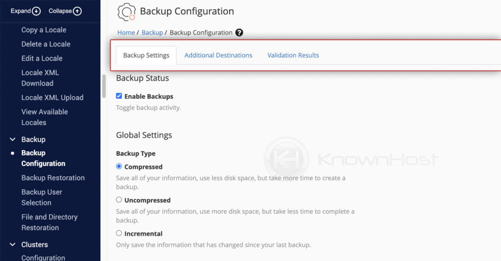 backup configuration wizard options