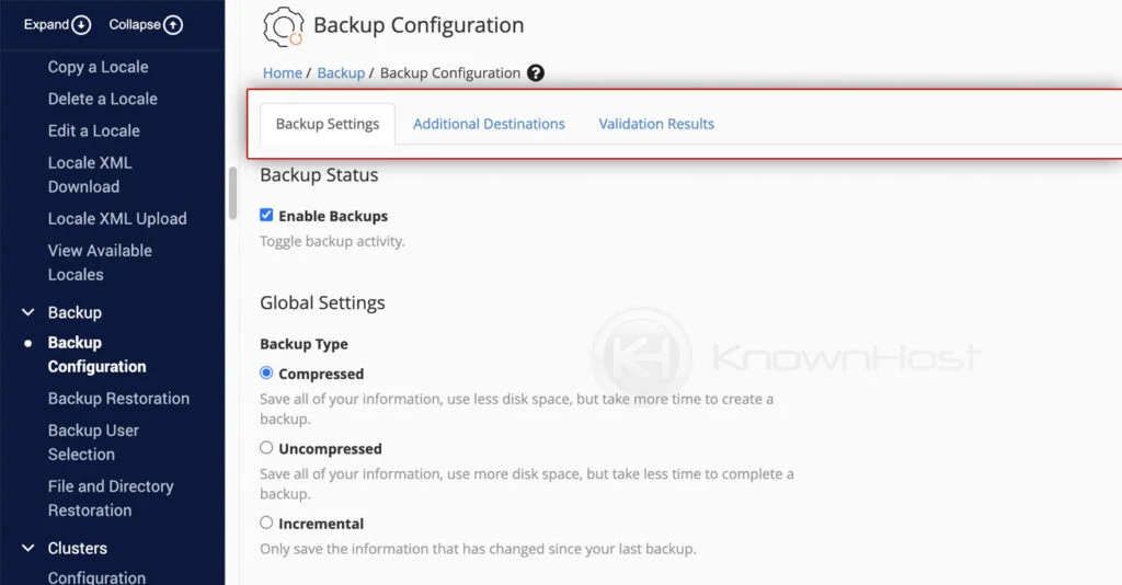 backup configuration wizard options