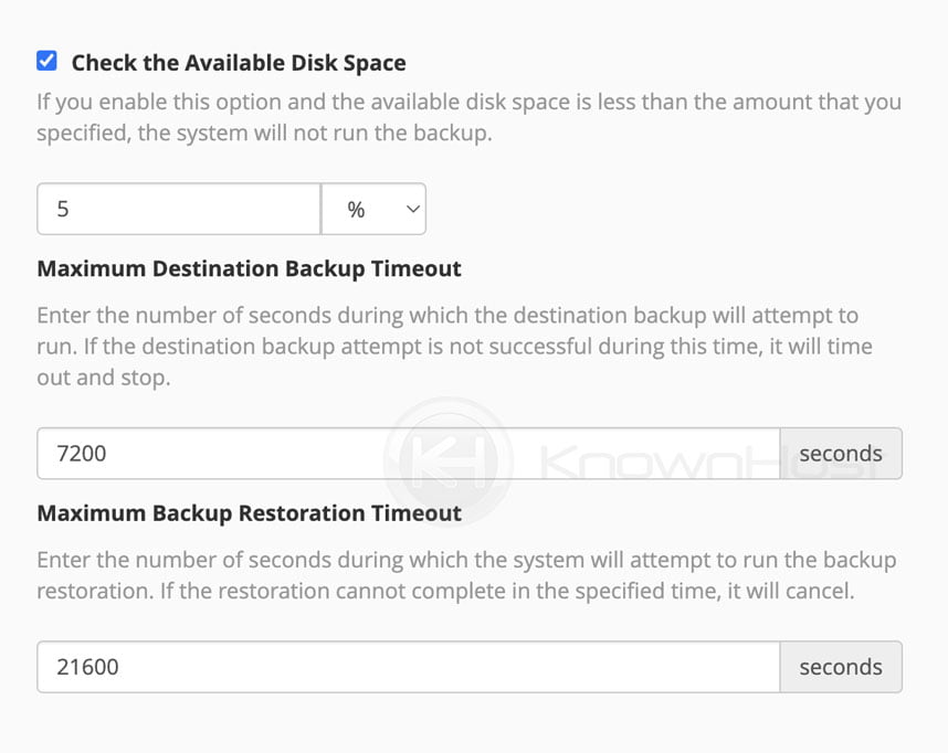 check available space option whm backup