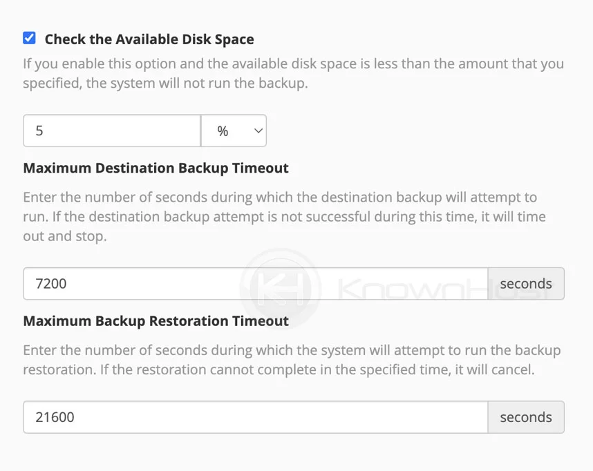 check available space option whm backup