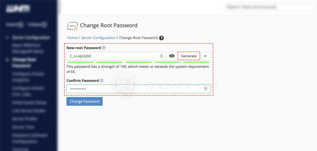 enter the new password for the root using WHM